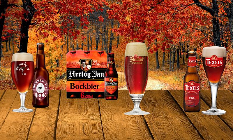 Herfstbok bieren op een rij